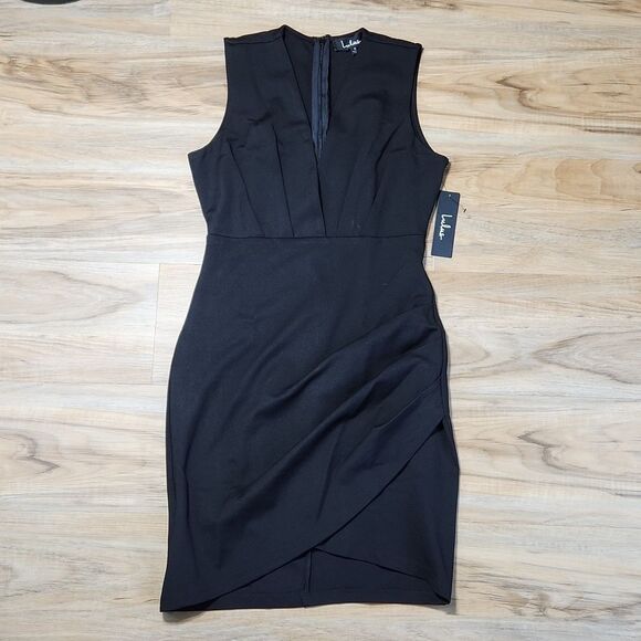 🔺️NWT Lulu's Black Ruched Bodycon Deep Vneck Cocktail Dress Small - Picture 2 of 10